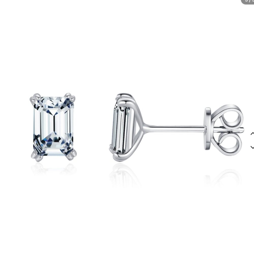 Sterling Silver Emerald-Cut White Cubic Zirconia Stud Earrings - NEW
